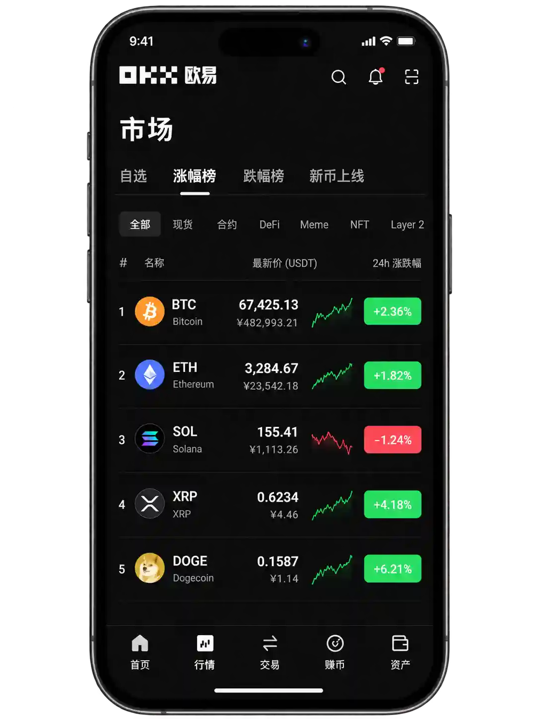 欧易应用市场行情列表界面示意